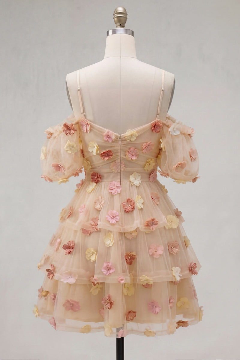 Load image into Gallery viewer, Champagne A-Line Puff Sleeves Short Cocktail Dress with 3D Flowers