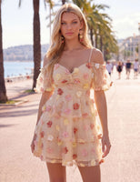 Load image into Gallery viewer, Champagne A-Line Puff Sleeves Short Cocktail Dress with 3D Flowers