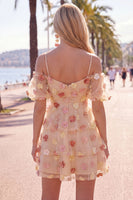 Load image into Gallery viewer, Champagne A-Line Puff Sleeves Short Cocktail Dress with 3D Flowers