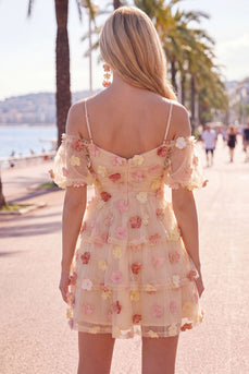 Champagne A-Line Puff Sleeves Short Cocktail Dress with 3D Flowers