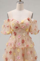 Load image into Gallery viewer, Champagne A-Line Puff Sleeves Short Cocktail Dress with 3D Flowers