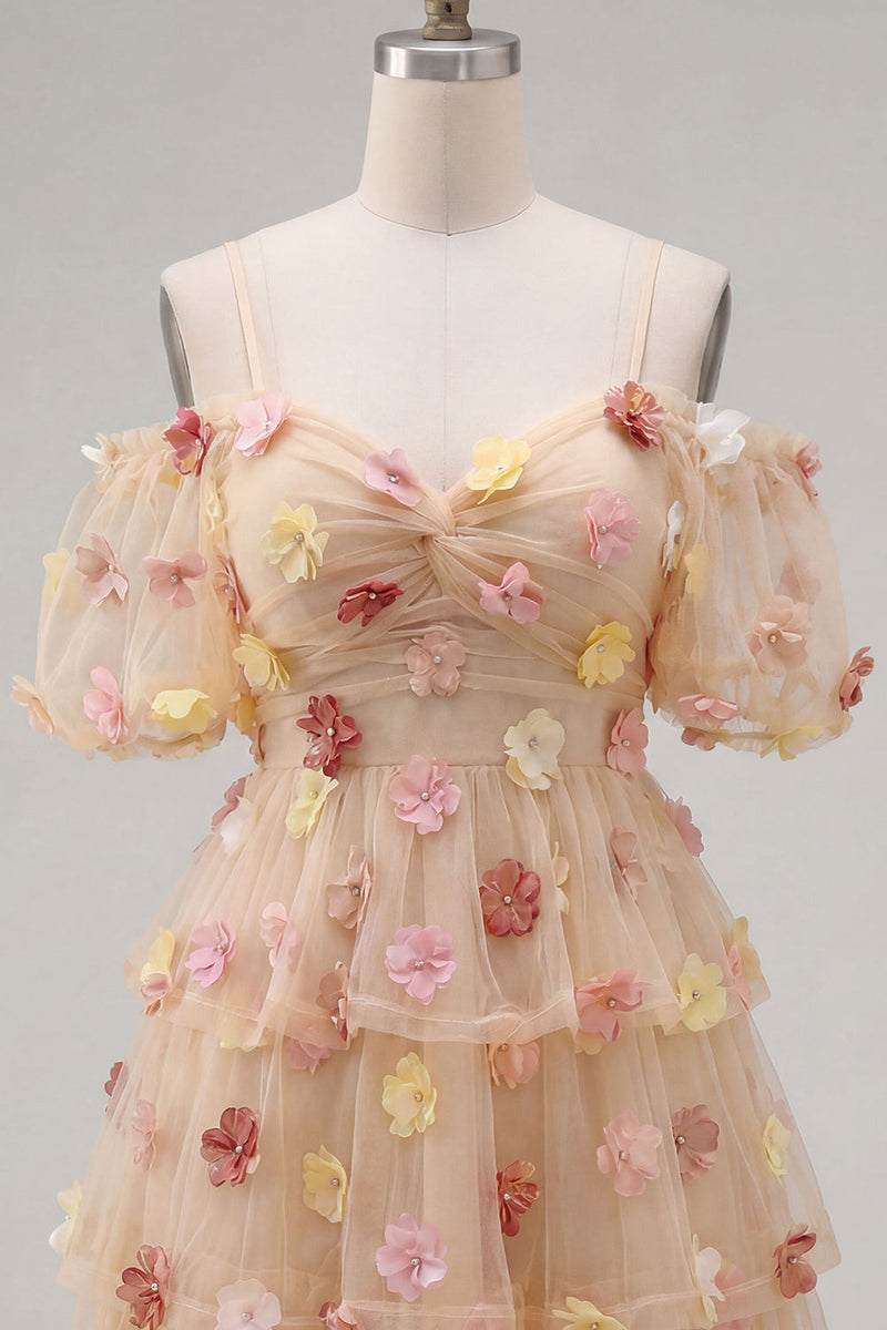Load image into Gallery viewer, Champagne A-Line Puff Sleeves Short Cocktail Dress with 3D Flowers