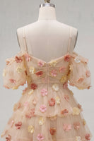 Load image into Gallery viewer, Champagne A-Line Puff Sleeves Short Cocktail Dress with 3D Flowers