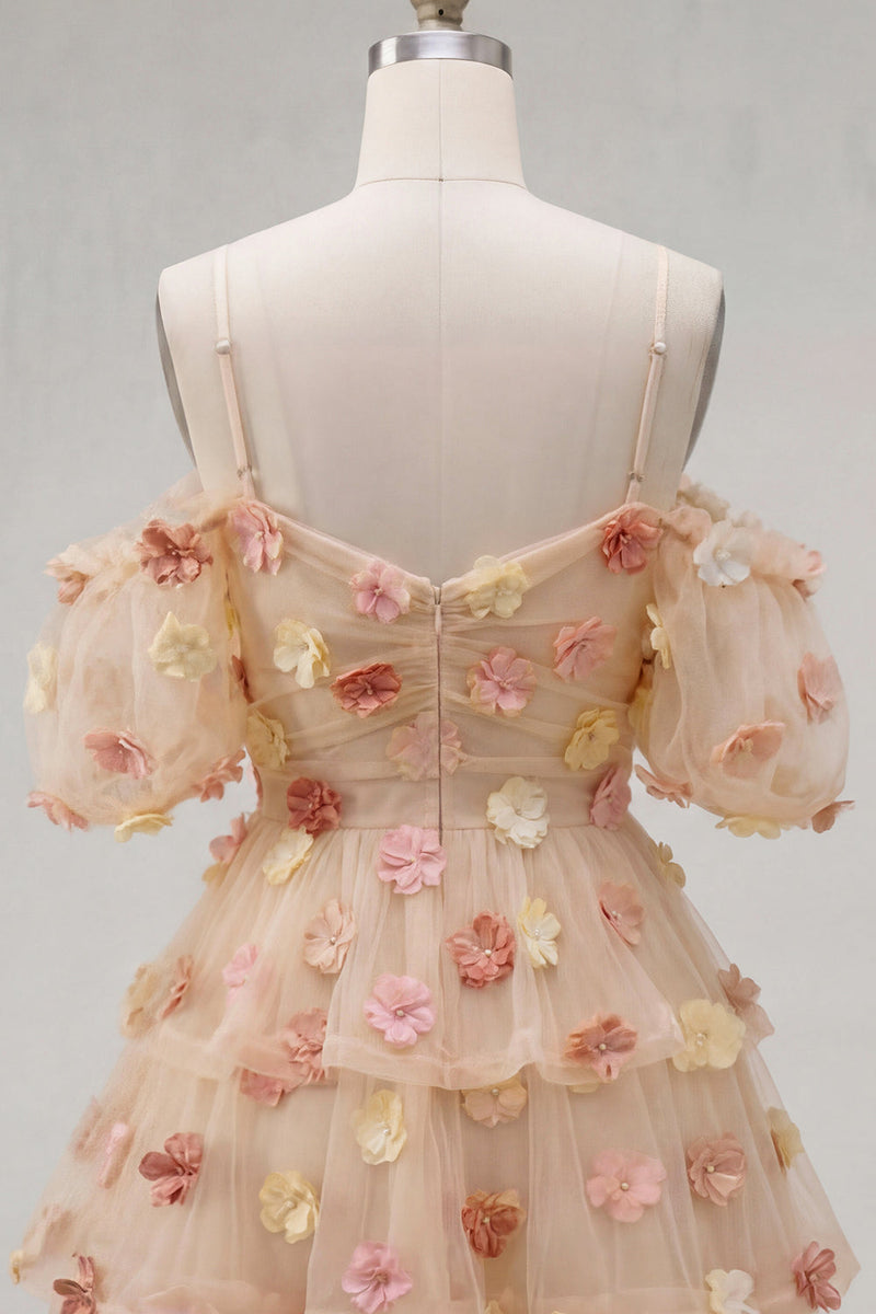 Load image into Gallery viewer, Champagne A-Line Puff Sleeves Short Cocktail Dress with 3D Flowers