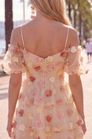 Load image into Gallery viewer, Champagne A-Line Puff Sleeves Short Cocktail Dress with 3D Flowers
