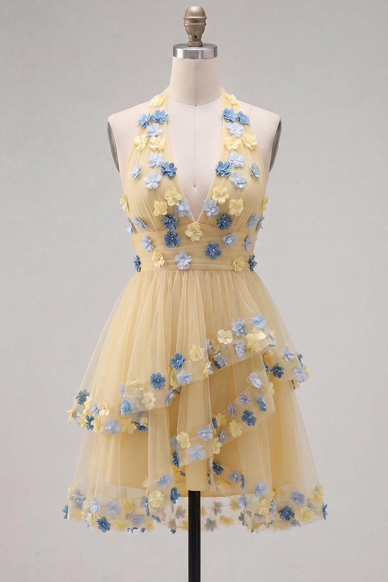 Load image into Gallery viewer, Apricot A-Line Tiered Halter Short Cocktail Dress with 3D Flowers