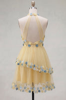 Load image into Gallery viewer, Apricot A-Line Tiered Halter Short Cocktail Dress with 3D Flowers