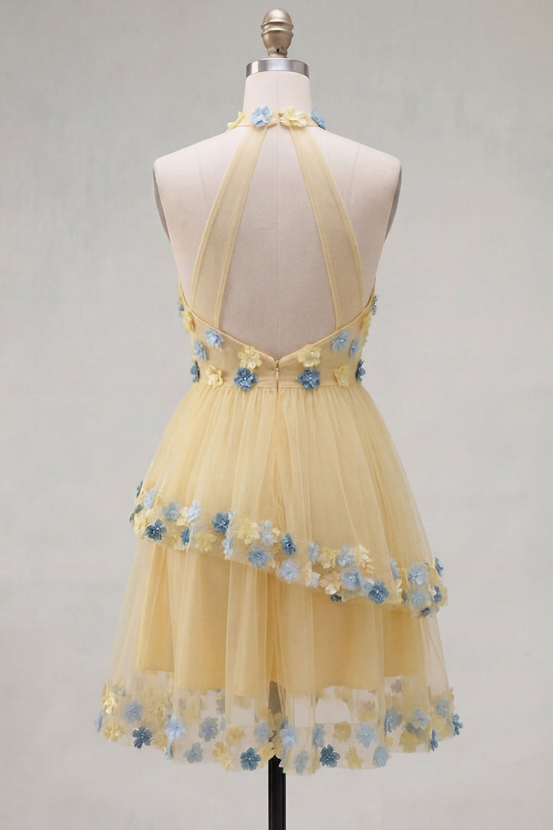 Load image into Gallery viewer, Apricot A-Line Tiered Halter Short Cocktail Dress with 3D Flowers