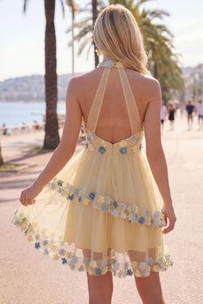 Apricot A-Line Tiered Halter Short Cocktail Dress with 3D Flowers
