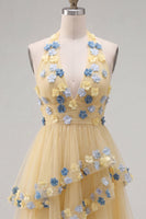 Load image into Gallery viewer, Apricot A-Line Tiered Halter Short Cocktail Dress with 3D Flowers