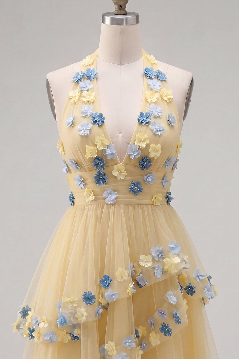 Load image into Gallery viewer, Apricot A-Line Tiered Halter Short Cocktail Dress with 3D Flowers