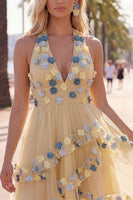 Load image into Gallery viewer, Apricot A-Line Tiered Halter Short Cocktail Dress with 3D Flowers