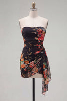 Load image into Gallery viewer, Black Red Floral Strapless Ruched Short Cocktail Dress with Sash