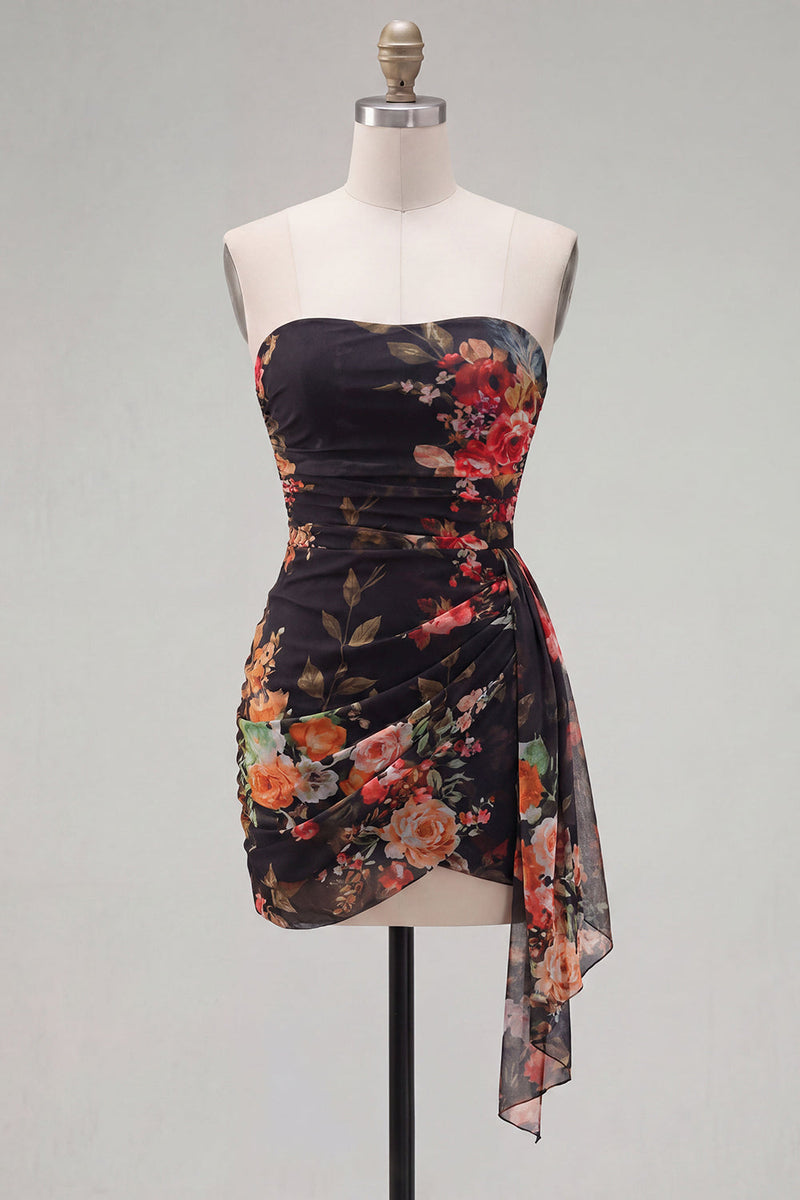Load image into Gallery viewer, Black Red Floral Strapless Ruched Short Cocktail Dress with Sash