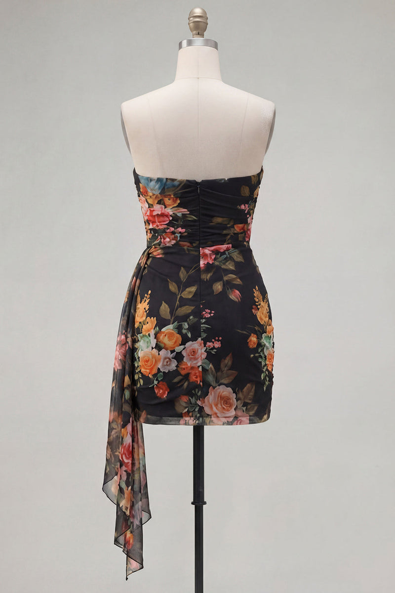 Load image into Gallery viewer, Black Red Floral Strapless Ruched Short Cocktail Dress with Sash