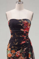 Load image into Gallery viewer, Black Red Floral Strapless Ruched Short Cocktail Dress with Sash