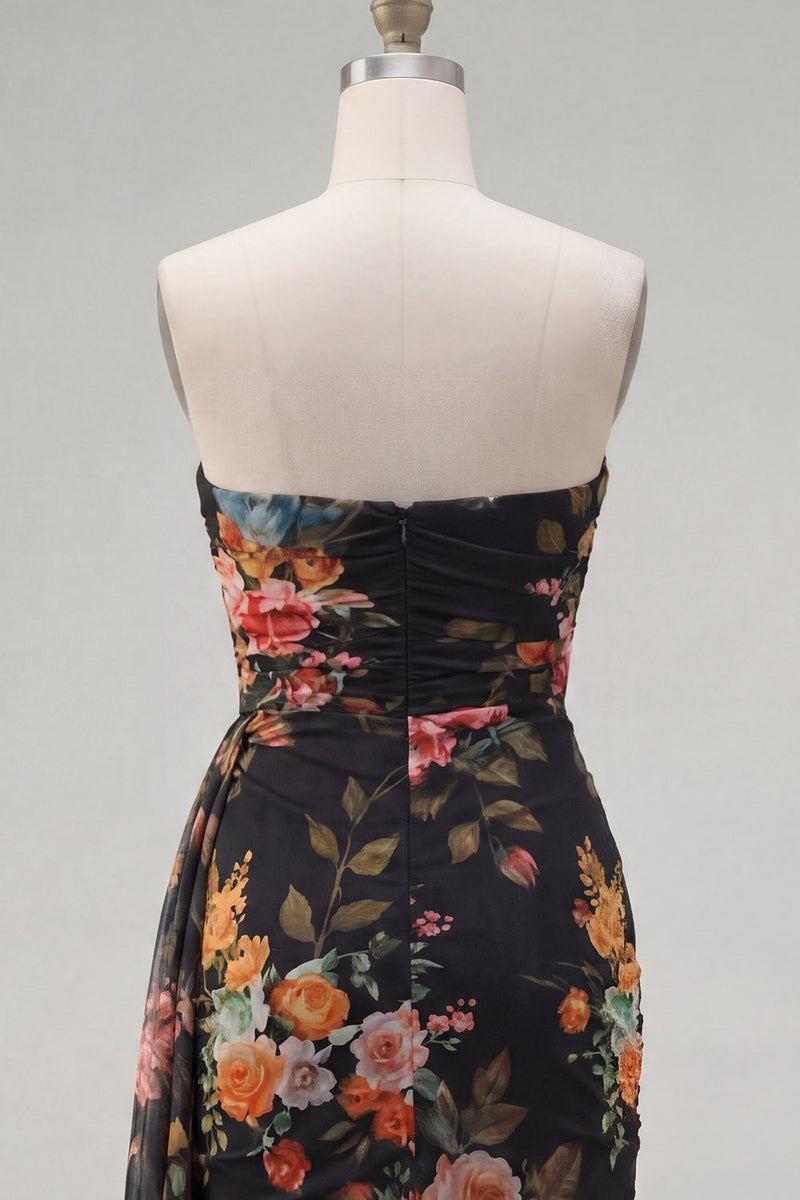 Load image into Gallery viewer, Black Red Floral Strapless Ruched Short Cocktail Dress with Sash