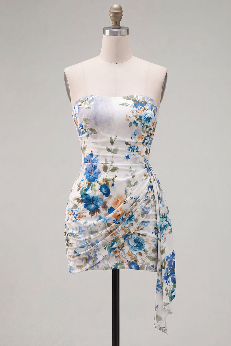 Load image into Gallery viewer, Black Red Floral Strapless Ruched Short Cocktail Dress with Sash