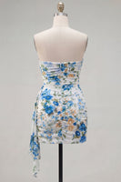 Load image into Gallery viewer, Black Red Floral Strapless Ruched Short Cocktail Dress with Sash
