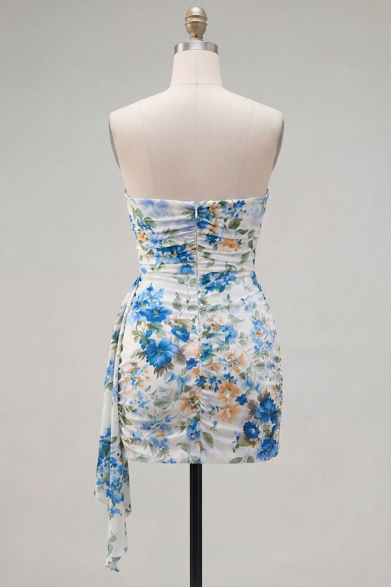Load image into Gallery viewer, Black Red Floral Strapless Ruched Short Cocktail Dress with Sash