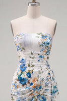 Load image into Gallery viewer, Black Red Floral Strapless Ruched Short Cocktail Dress with Sash