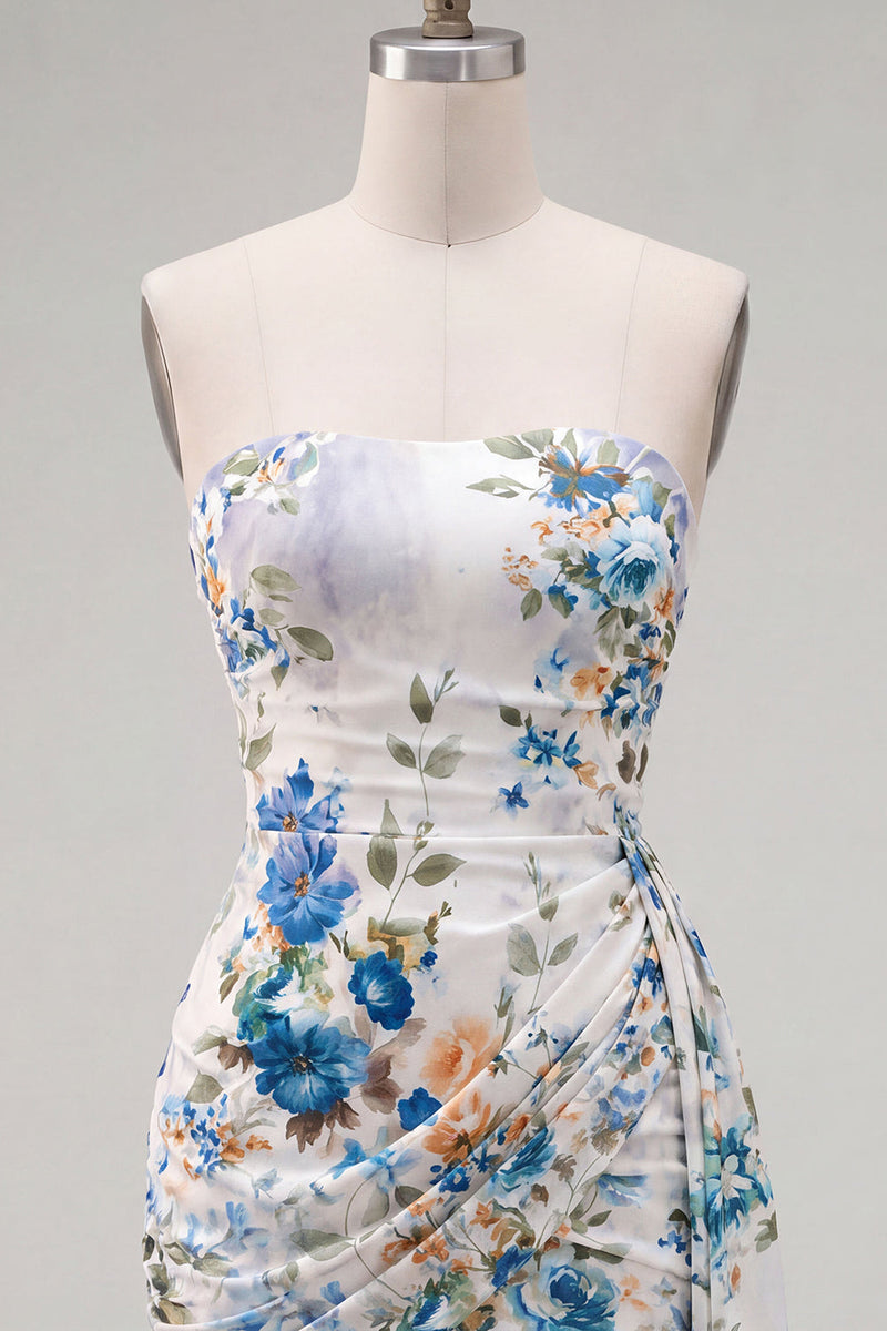 Load image into Gallery viewer, Black Red Floral Strapless Ruched Short Cocktail Dress with Sash