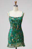 Load image into Gallery viewer, Dark Green Tight Spaghetti Straps Short Cocktail Dress with Ruffles