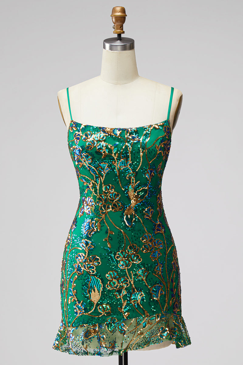 Load image into Gallery viewer, Dark Green Tight Spaghetti Straps Short Cocktail Dress with Ruffles
