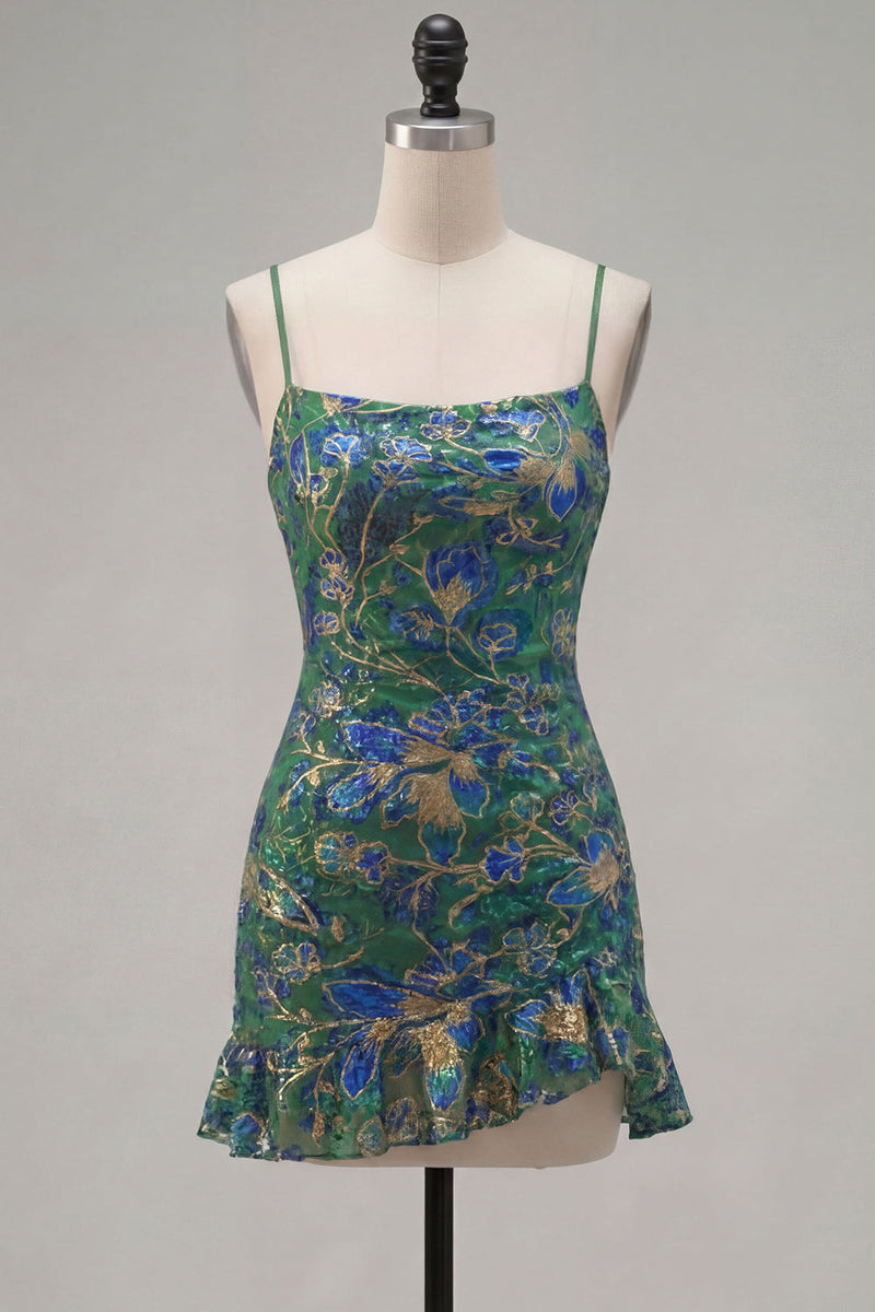 Load image into Gallery viewer, Dark Green Tight Spaghetti Straps Short Cocktail Dress with Ruffles