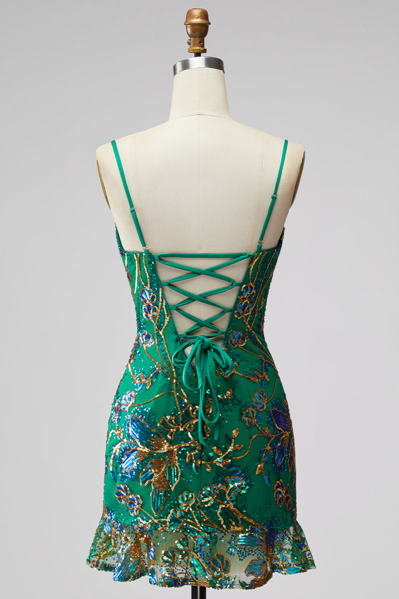 Load image into Gallery viewer, Dark Green Tight Spaghetti Straps Short Cocktail Dress with Ruffles