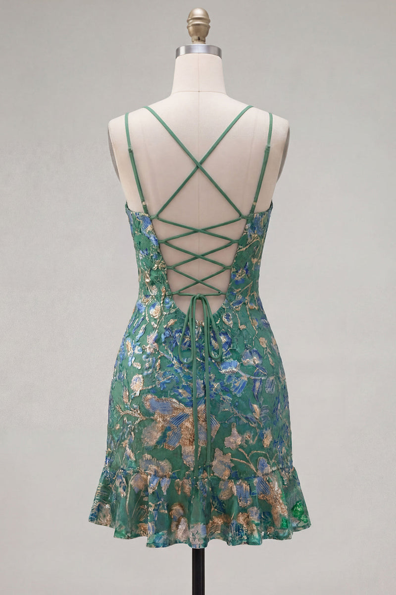 Load image into Gallery viewer, Dark Green Tight Spaghetti Straps Short Cocktail Dress with Ruffles