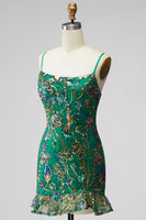 Load image into Gallery viewer, Dark Green Tight Spaghetti Straps Short Cocktail Dress with Ruffles