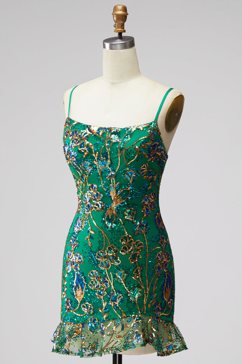 Load image into Gallery viewer, Dark Green Tight Spaghetti Straps Short Cocktail Dress with Ruffles