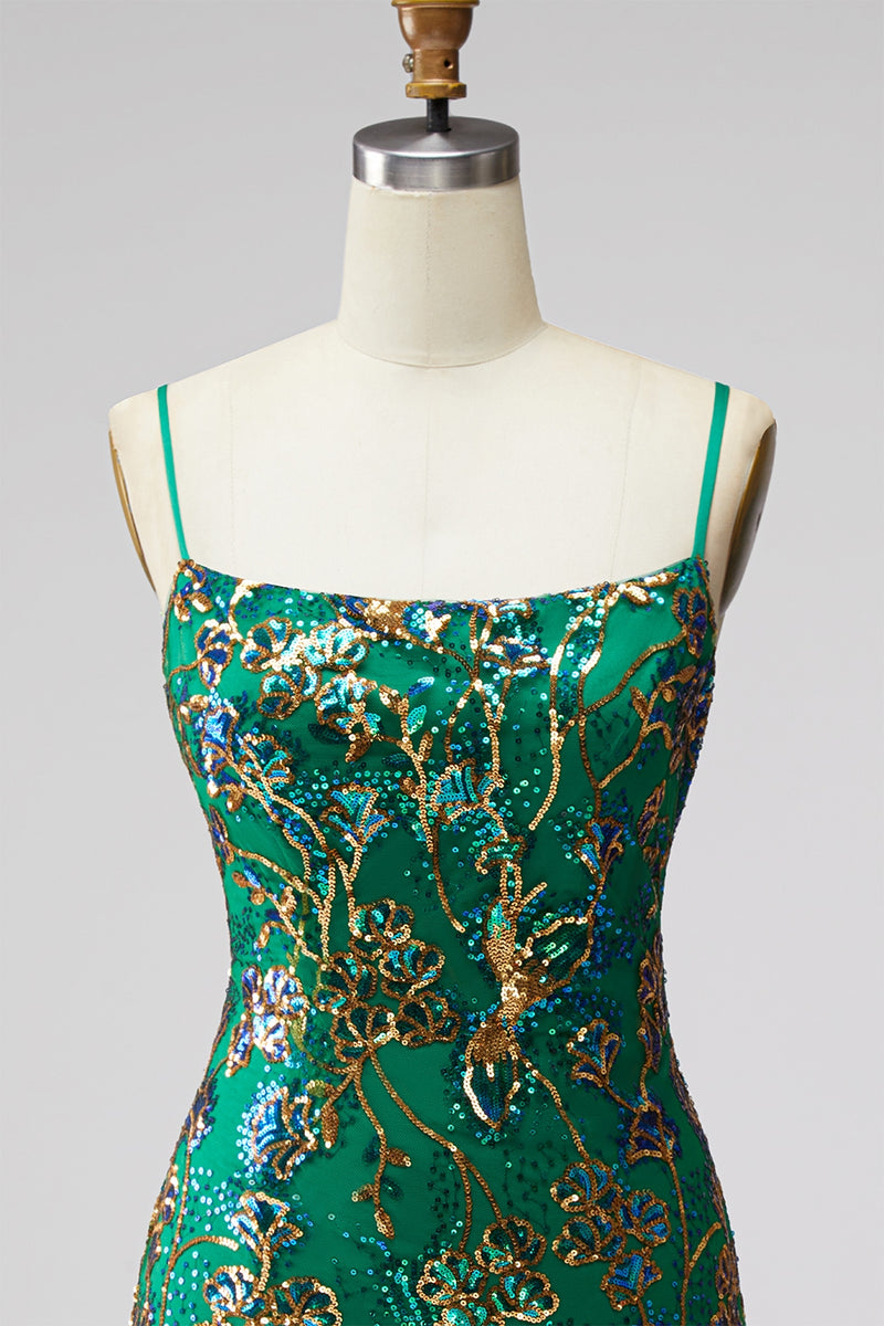 Load image into Gallery viewer, Dark Green Tight Spaghetti Straps Short Cocktail Dress with Ruffles