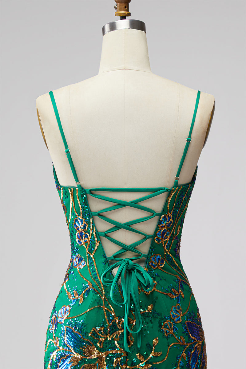 Load image into Gallery viewer, Dark Green Tight Spaghetti Straps Short Cocktail Dress with Ruffles