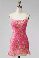 Load image into Gallery viewer, Dark Green Tight Spaghetti Straps Short Cocktail Dress with Ruffles
