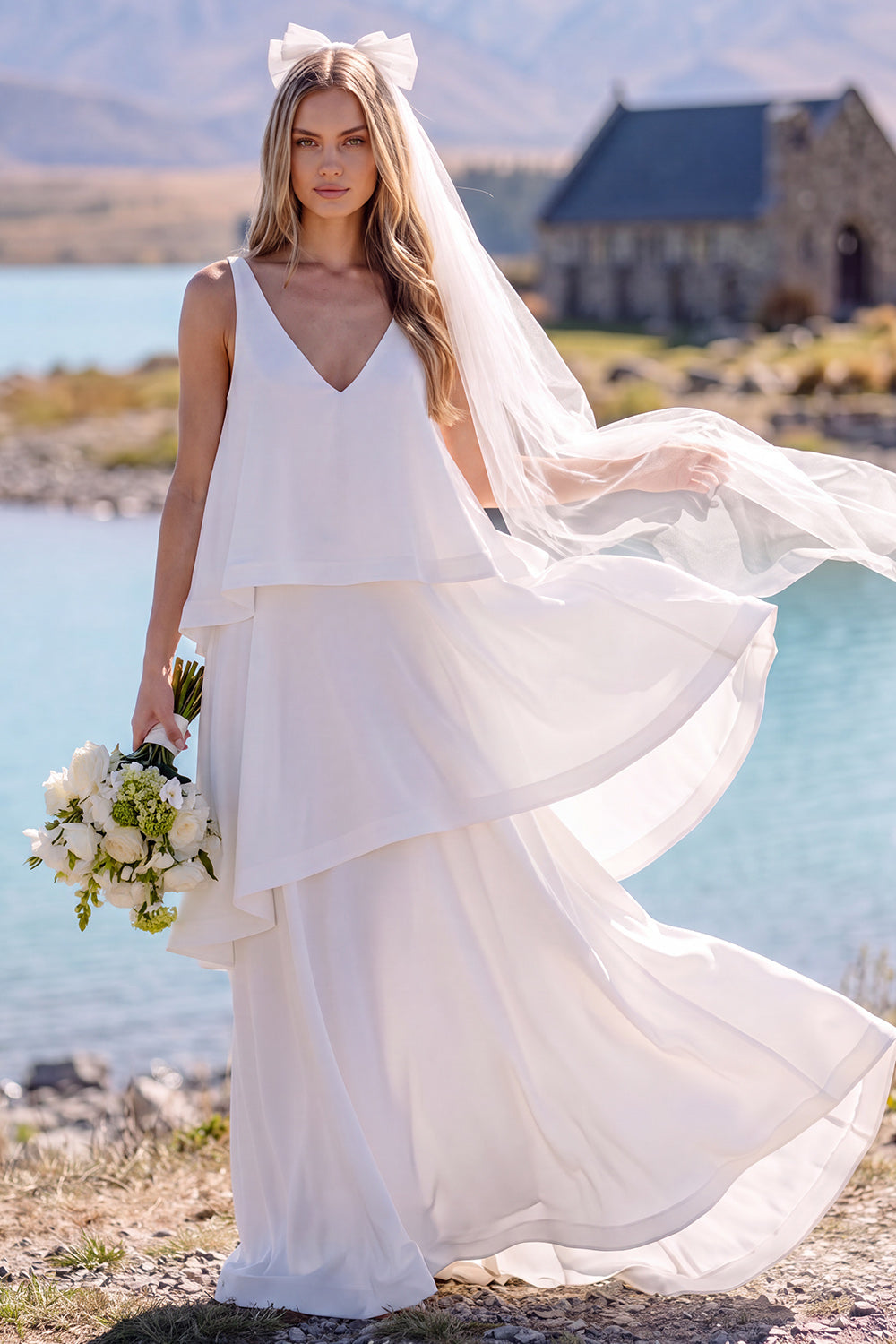 White V-Neck Chiffon Sweep Train Tiered Beach Wedding Dress