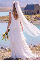 Load image into Gallery viewer, White V-Neck Chiffon Sweep Train Tiered Beach Wedding Dress