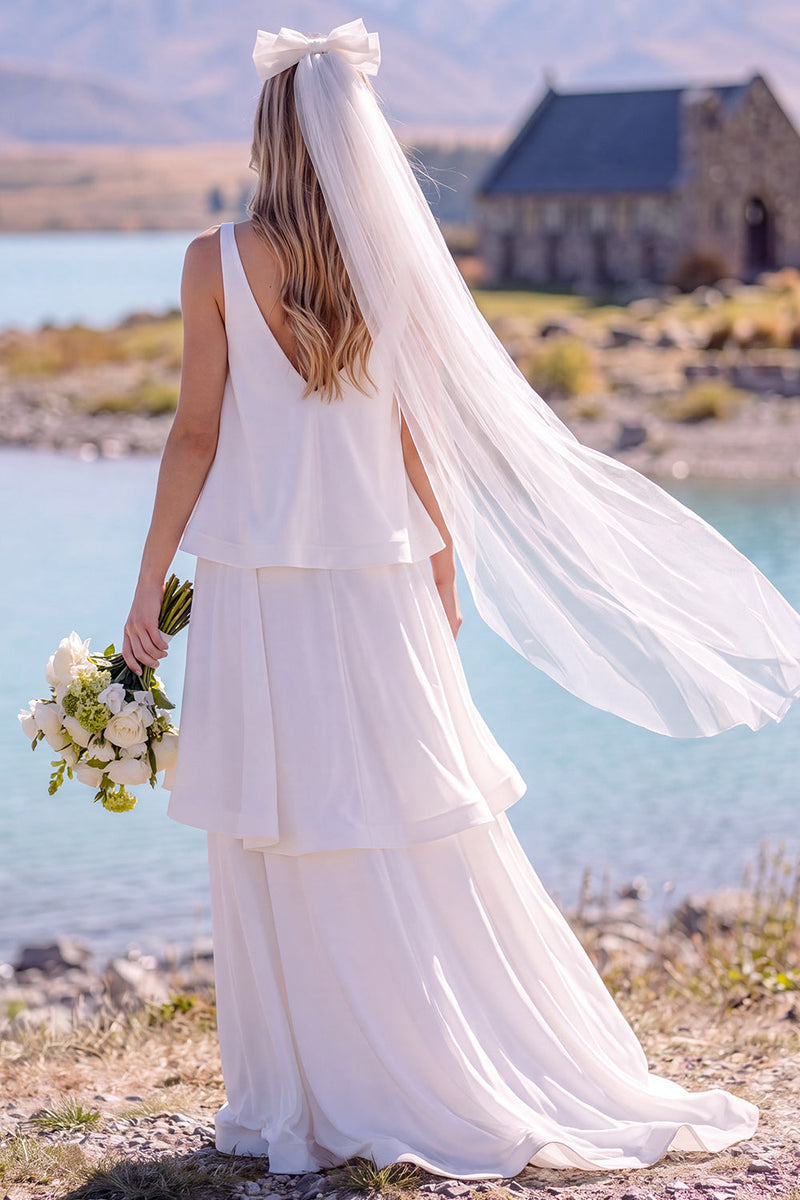 Load image into Gallery viewer, White V-Neck Chiffon Sweep Train Tiered Beach Wedding Dress