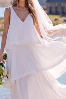 Load image into Gallery viewer, White V-Neck Chiffon Sweep Train Tiered Beach Wedding Dress