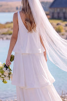 Load image into Gallery viewer, White V-Neck Chiffon Sweep Train Tiered Beach Wedding Dress