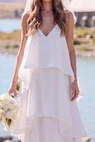 Load image into Gallery viewer, White V-Neck Chiffon Sweep Train Tiered Beach Wedding Dress