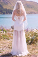 Load image into Gallery viewer, White Tulle A Line Strapless Sweep Train Wedding Dress