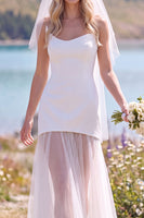 Load image into Gallery viewer, White Tulle A Line Strapless Sweep Train Wedding Dress