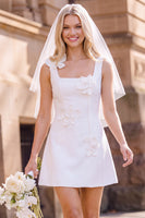 Load image into Gallery viewer, White Square Neck A-Line Short Wedding Dress with 3D Flowers
