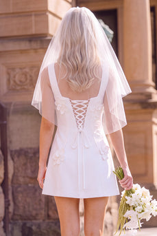 White Square Neck A-Line Short Wedding Dress with 3D Flowers