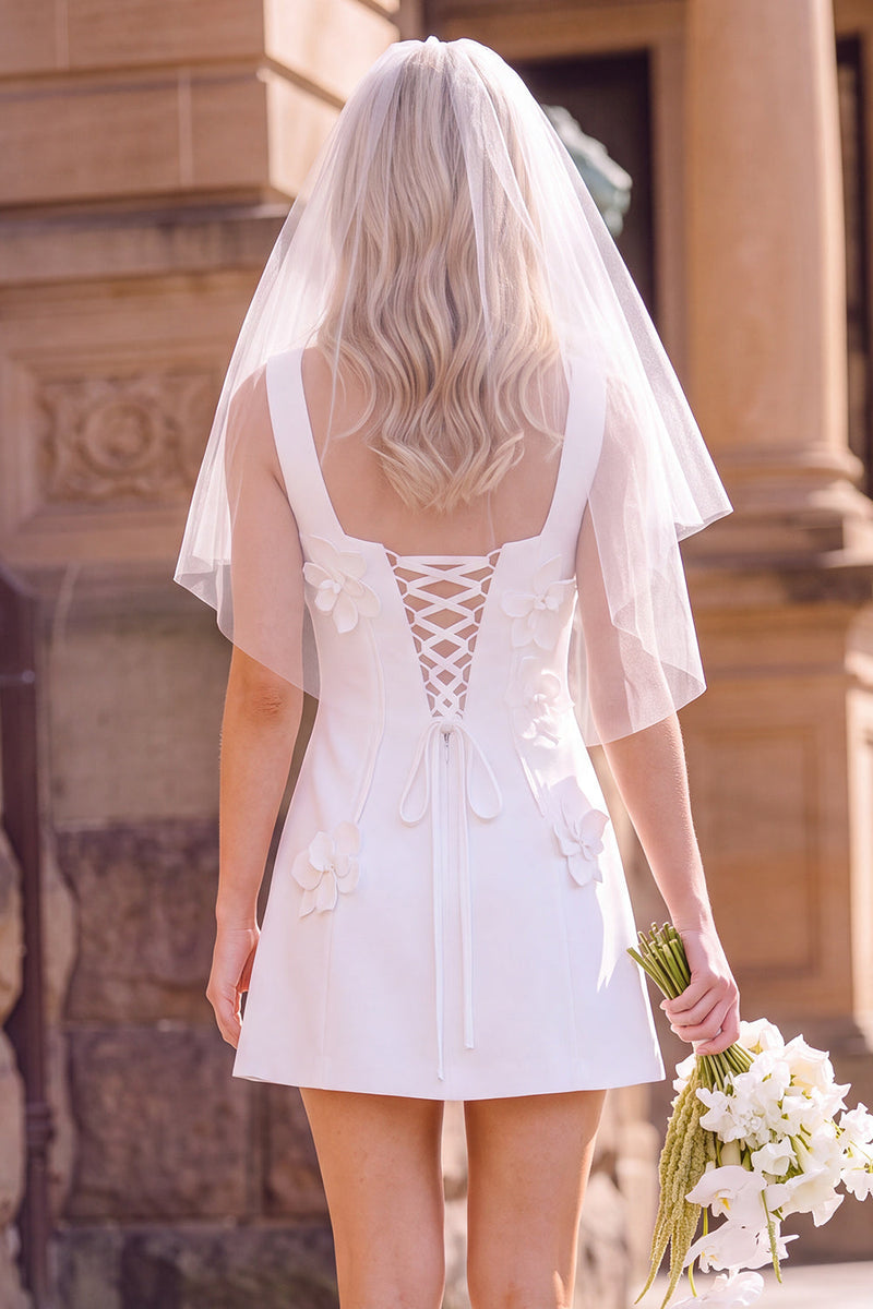 Load image into Gallery viewer, White Square Neck A-Line Short Wedding Dress with 3D Flowers