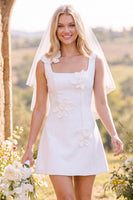 Load image into Gallery viewer, White Square Neck A-Line Short Wedding Dress with 3D Flowers