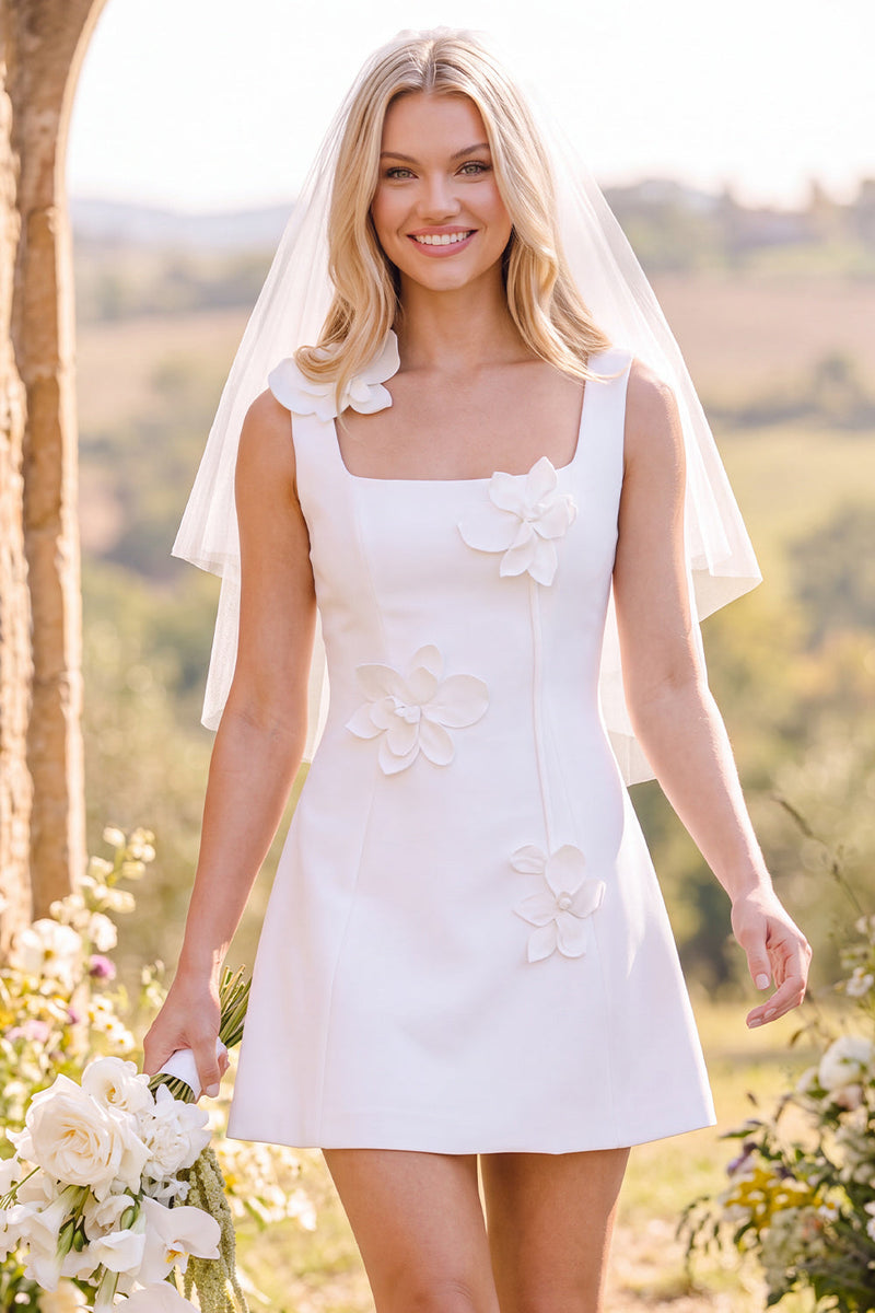 Load image into Gallery viewer, White Square Neck A-Line Short Wedding Dress with 3D Flowers
