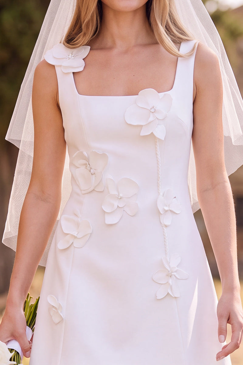 Load image into Gallery viewer, White Square Neck A-Line Short Wedding Dress with 3D Flowers